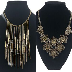 Lot of 2 Statement Necklaces Gold Tone Fringe Regal Look Women's Jewelry Fashion